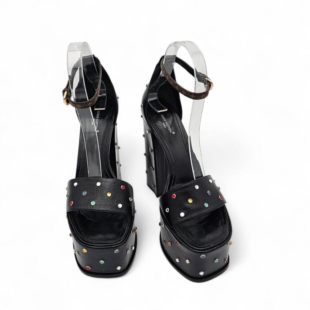 Louis Vuitton Monogram Platform Block Heel Sandal Black Crystal Stud Size 39 9 - Picture 3 of 15